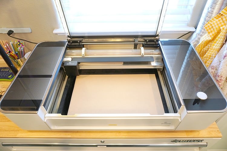 glowforge machine ready with mdf loaded inside machine