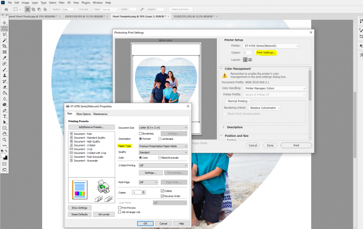 Screenshot of printing settings in Photoshop