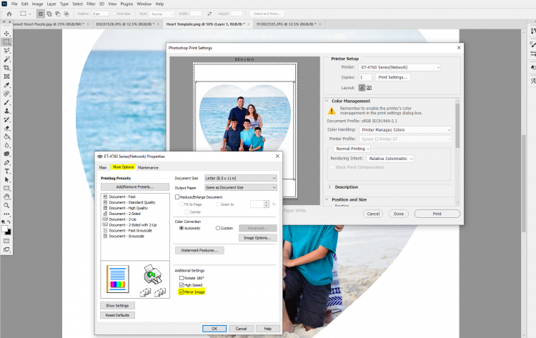Screenshot of printer settings in Photoshop - mirror image