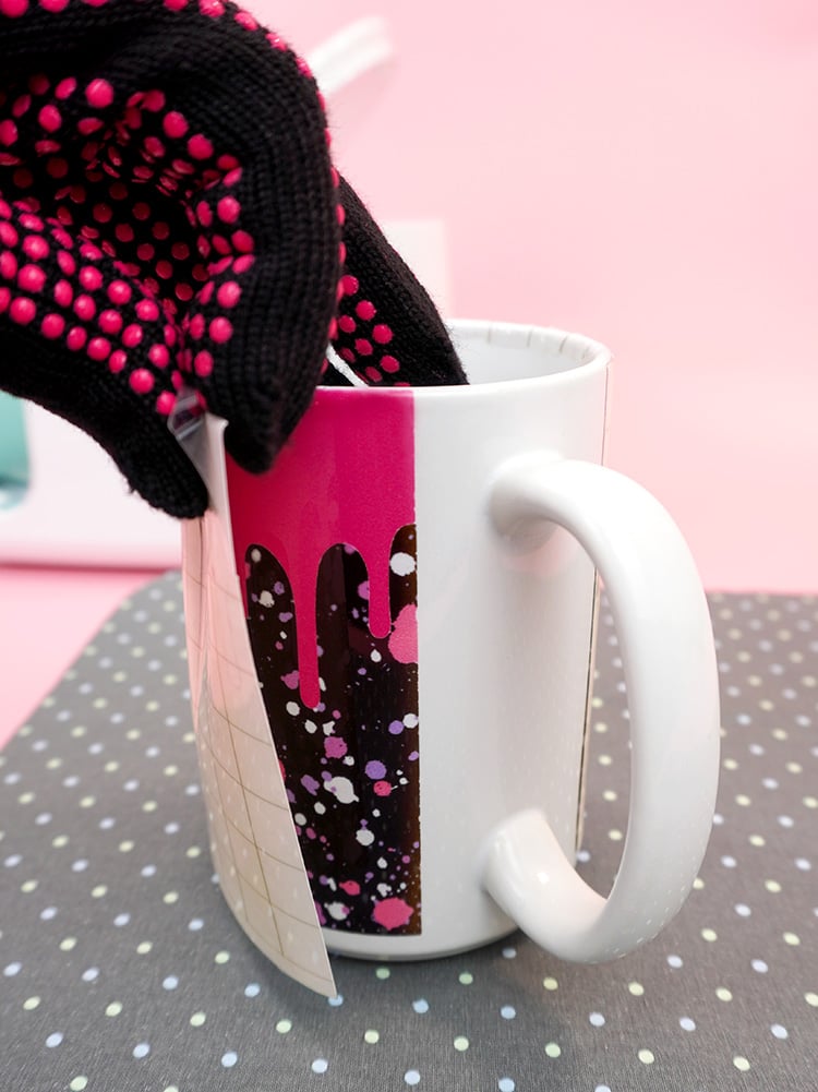 Infusible Ink mug "peel and reveal" with heat safe gloves