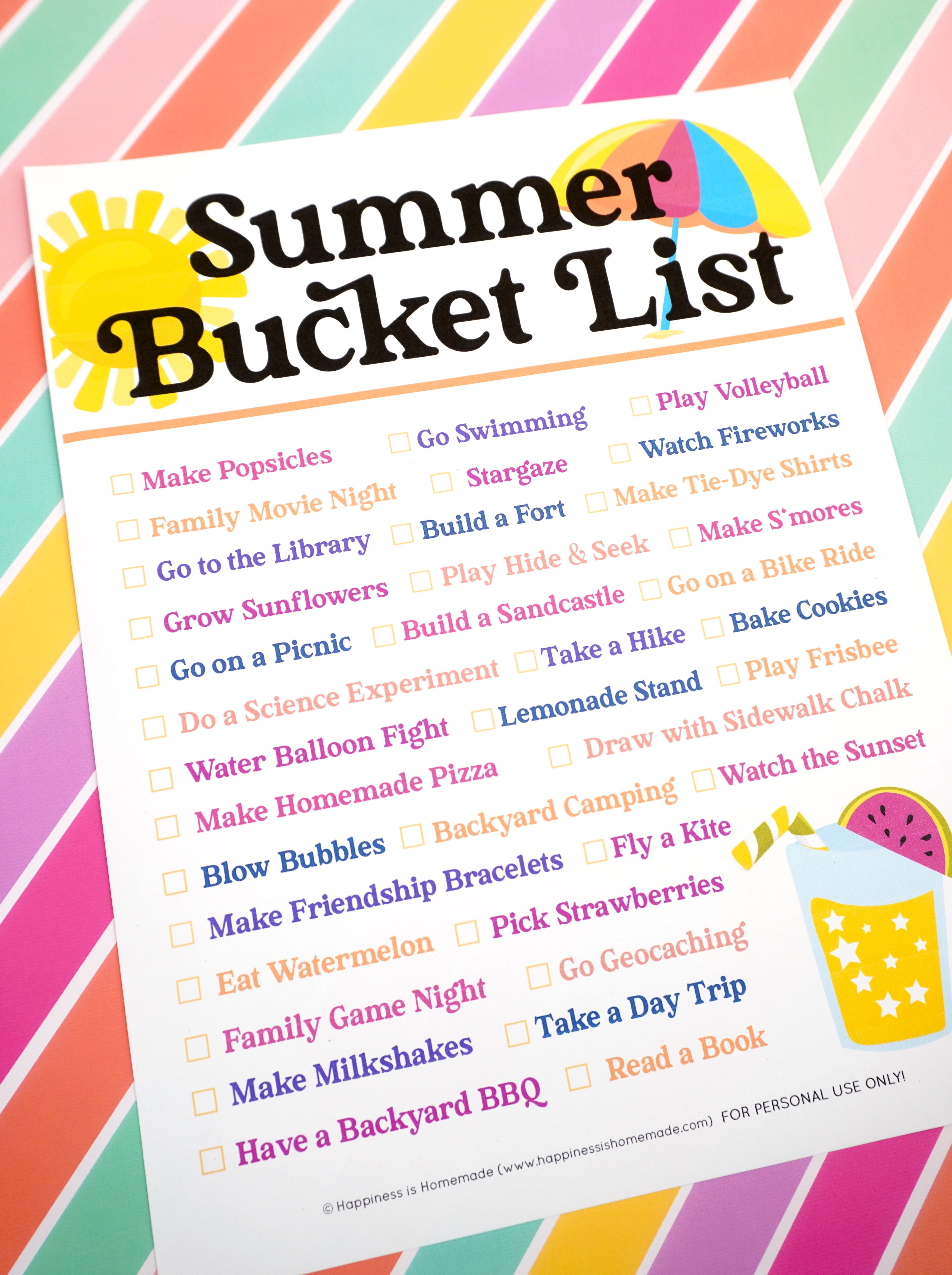 Summer Bucket List printable on a colorful striped background