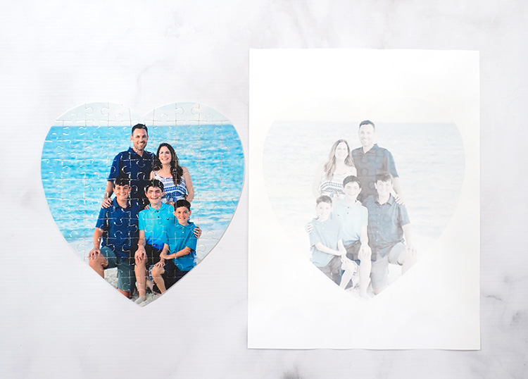 Vibrantly colored photo puzzle next to faded printed image on sublimation paper