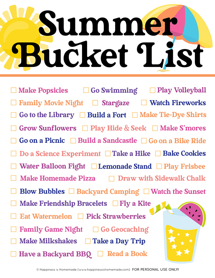 Graphic of Summer Bucket List printable