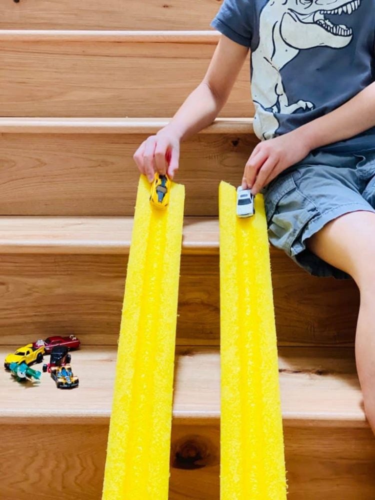 toy car ramps made from pool noodles 