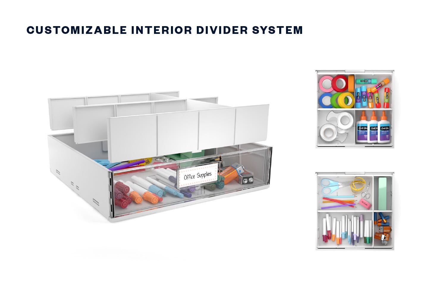 Graphic illustrating the flexible divider options of the new Create Room DiviDrawers
