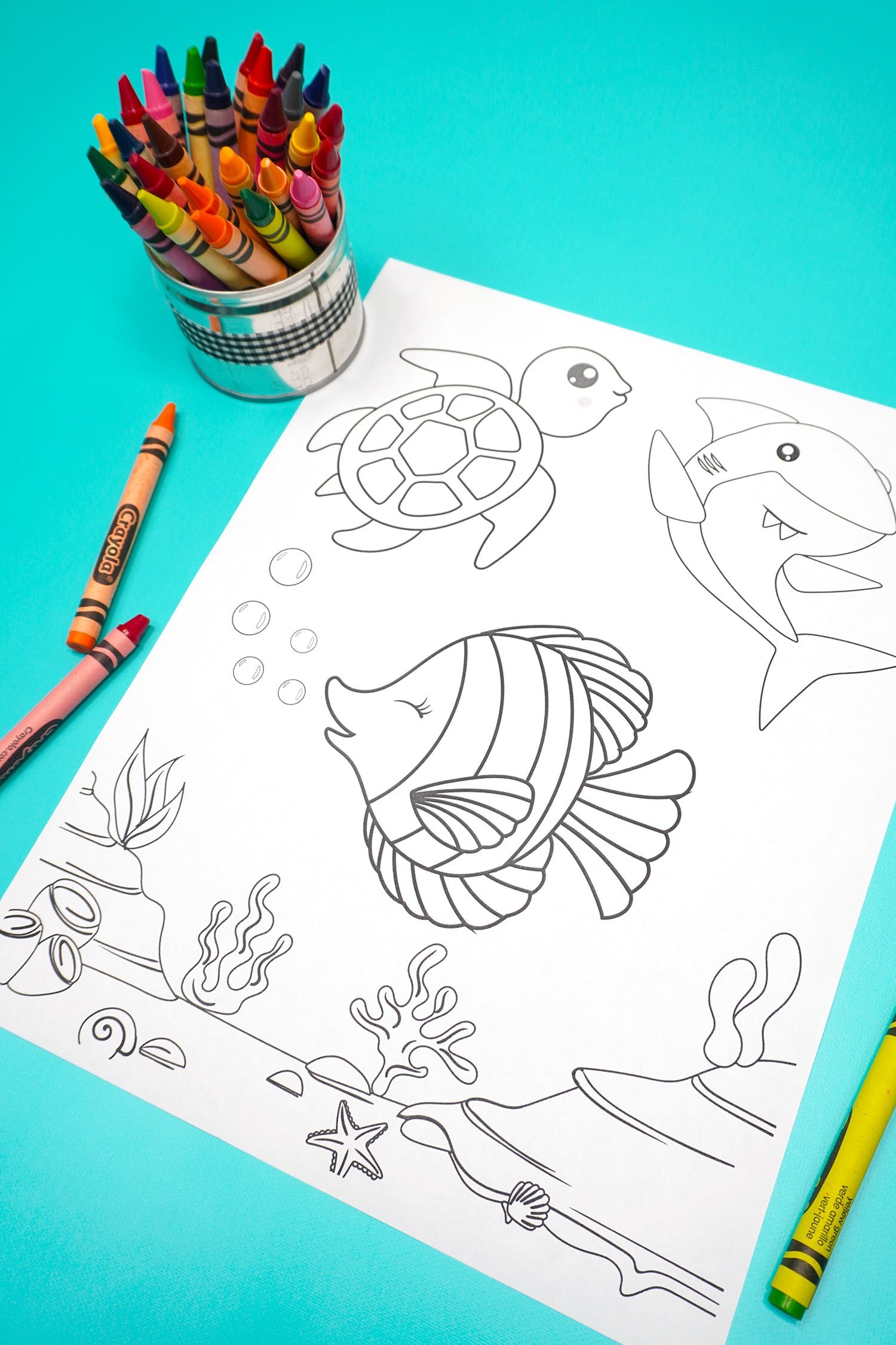 Under the sea themed summer coloring page on aqua background