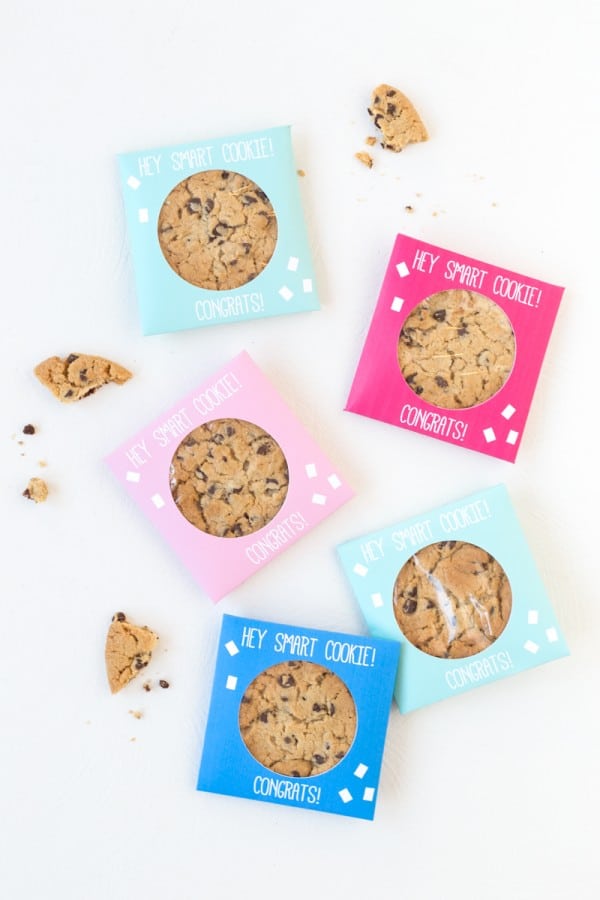 5 colorful bags with word smart cookie with chocolate chop cookie inside for graduation favor