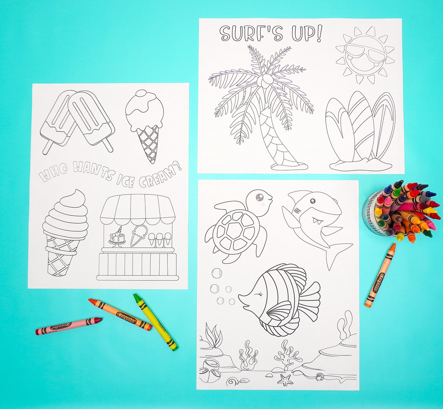 Three summer coloring pages with crayons and container