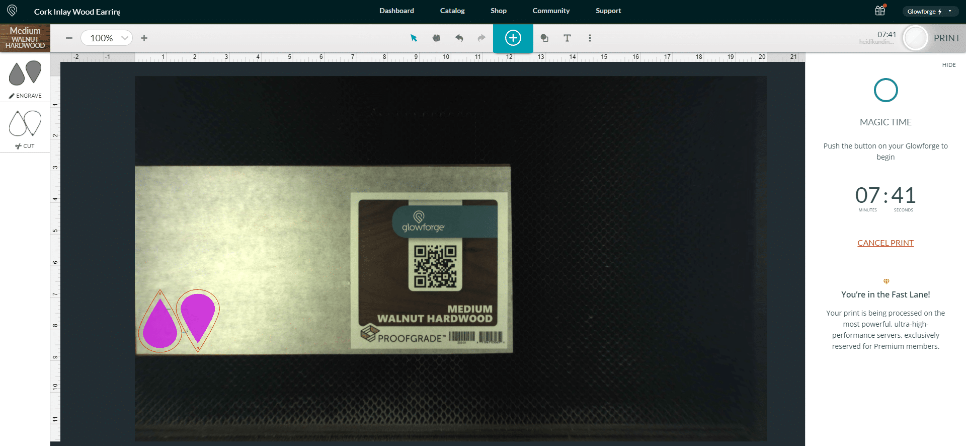 Glowforge App Software Screenshot - Earring Print Time