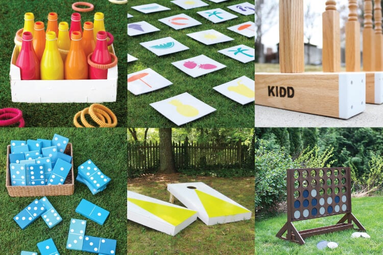 Collage of 6 outdoor games you can play on a lawn