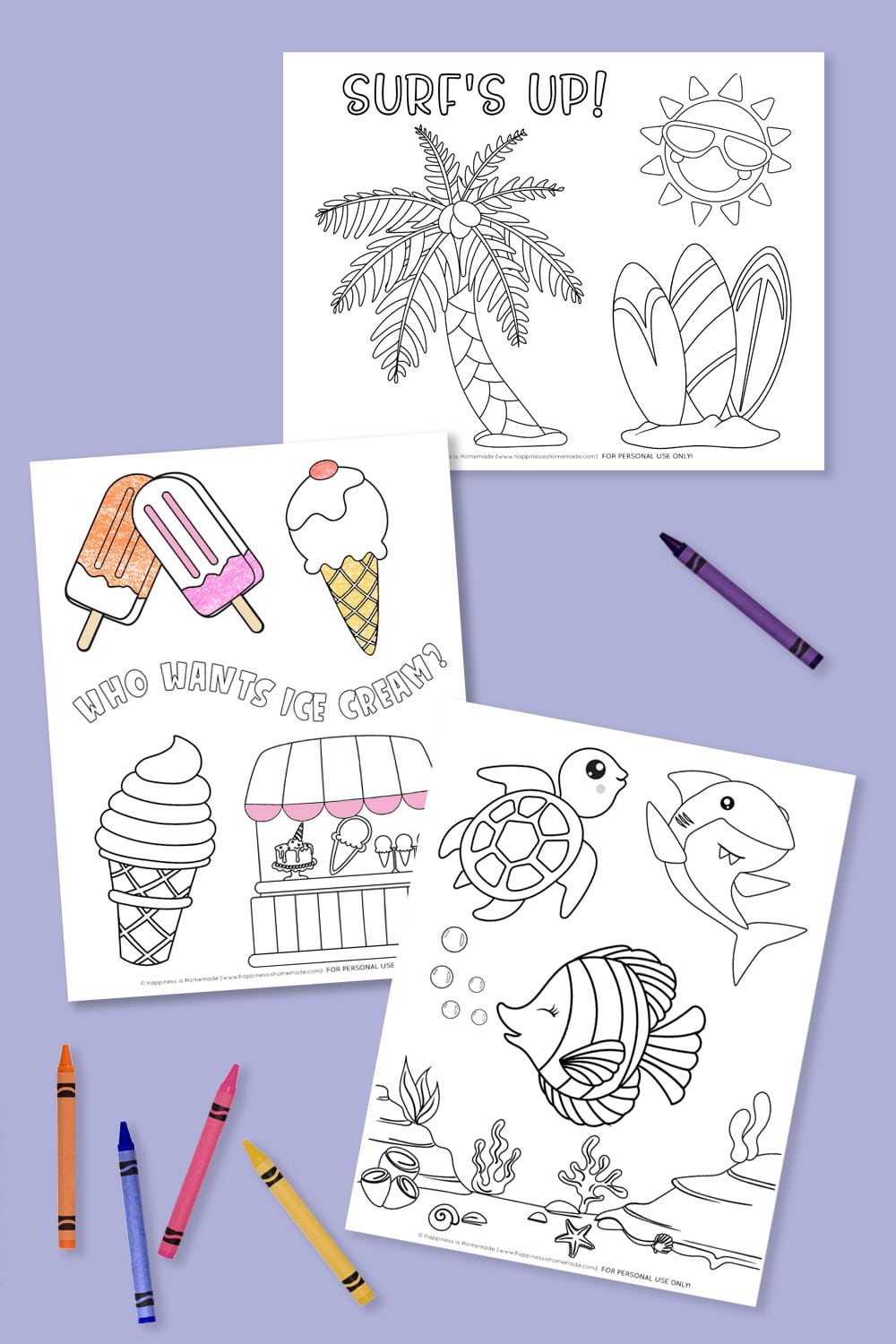 Three summer coloring pages on a lavender background with crayons
