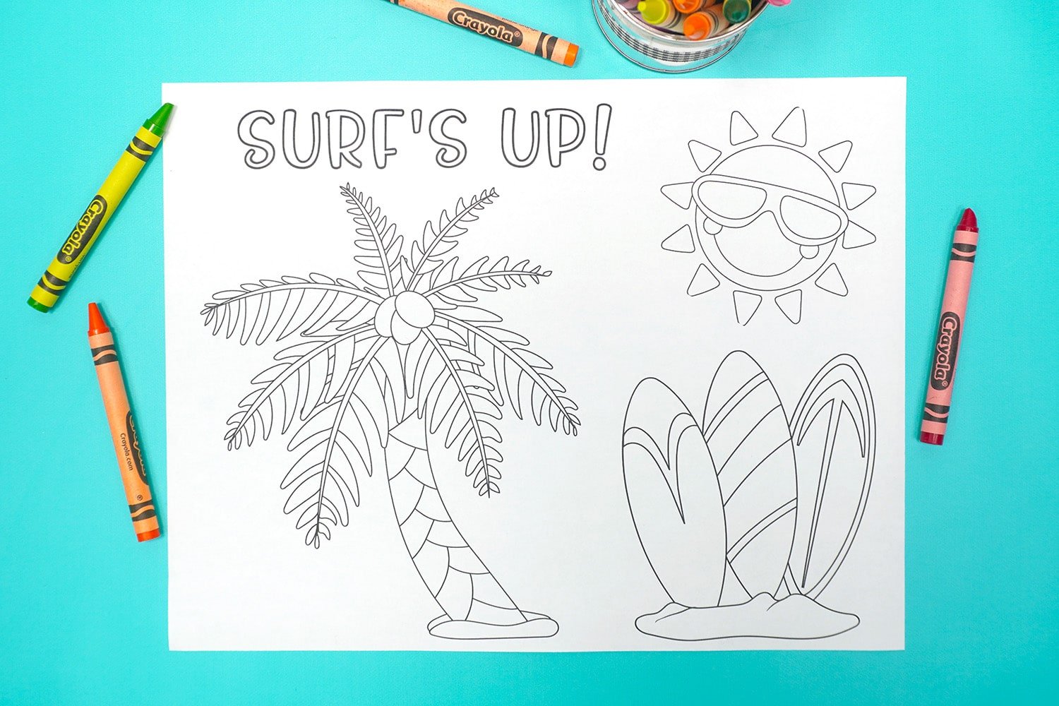 "Surf's Up!" Coloring Page on aqua background with crayons