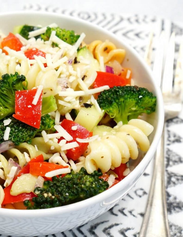 pasta salad in a white bowl