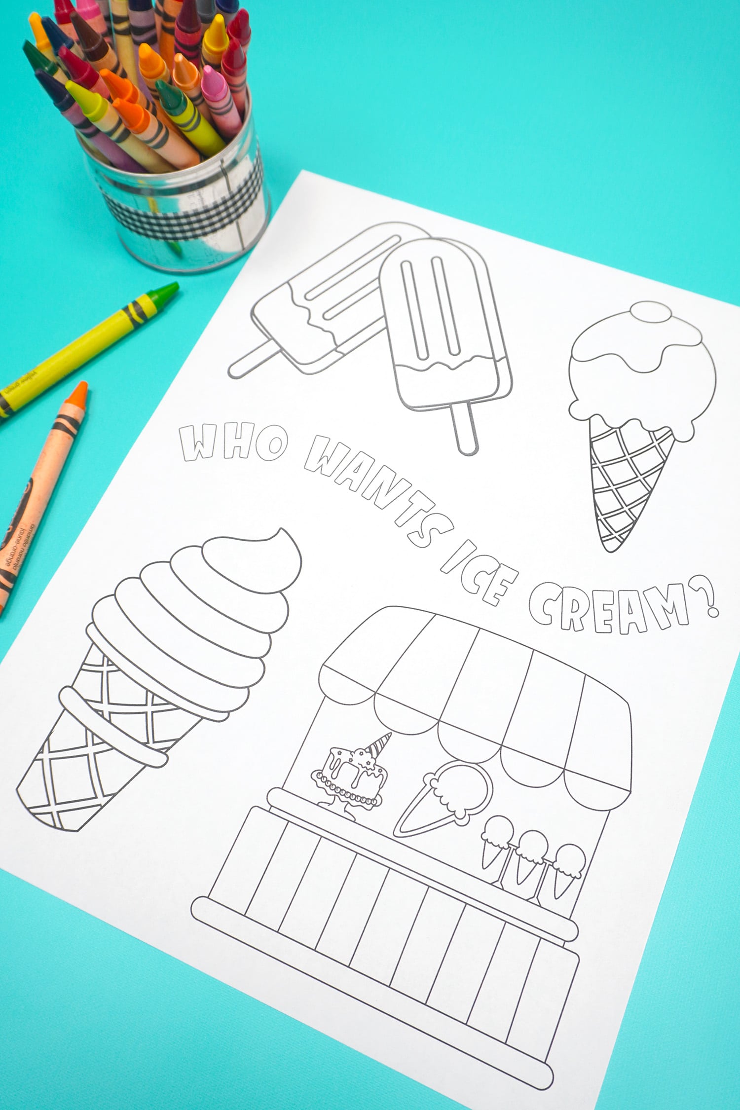 "Who Wants Ice Cream" Summer Coloring Page on aqua background