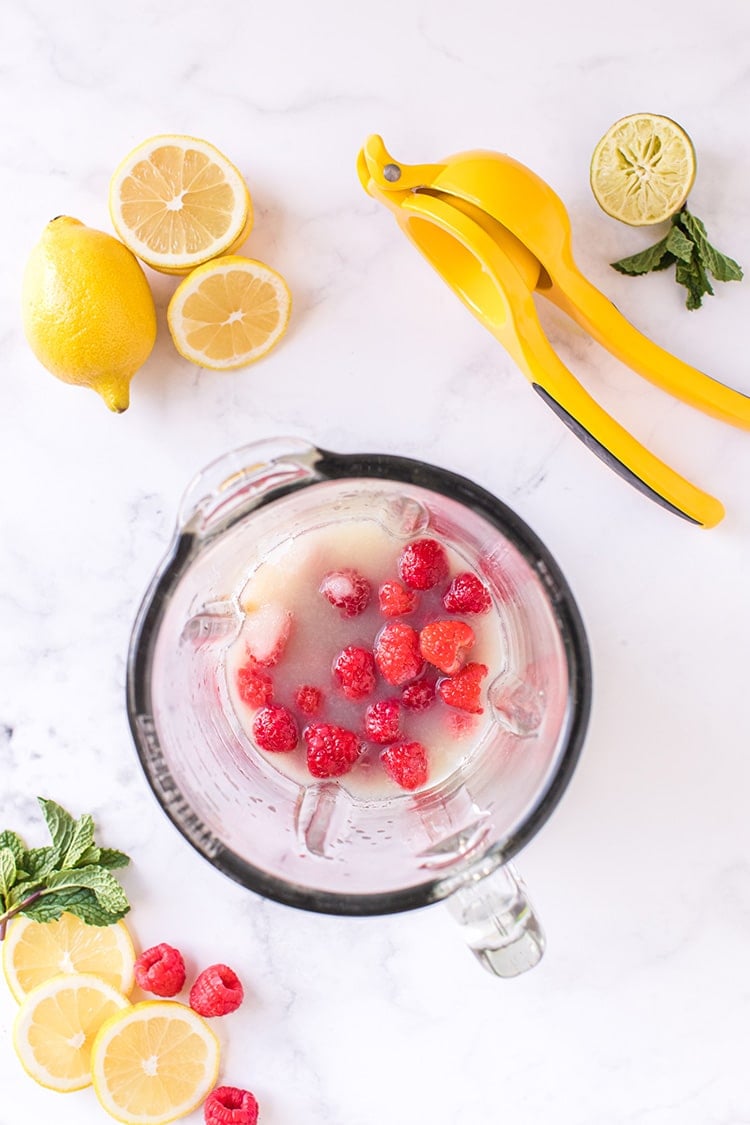 Fresh raspberries in a blender with lemon and lime juice and fresh citrus slices