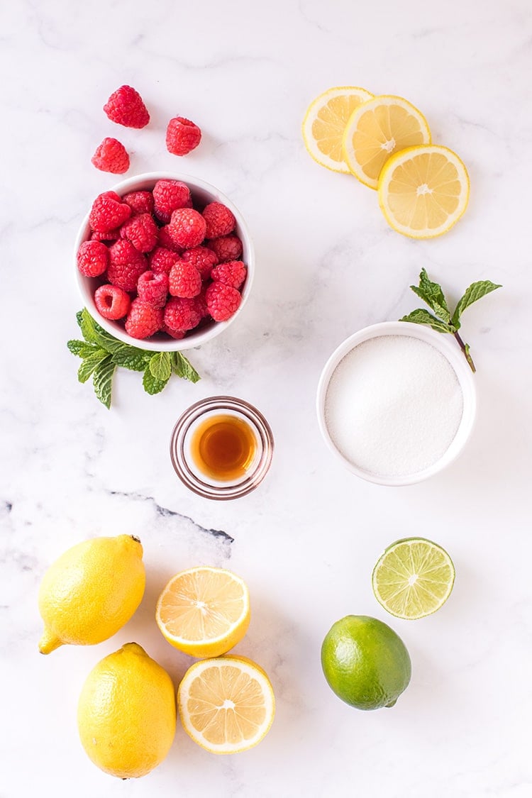 Fresh lemons, limes, raspberries, sugar, and vanilla extract on a marble background