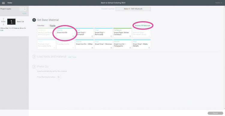 Software Screenshot - Materials Selection in Cricut Design Space