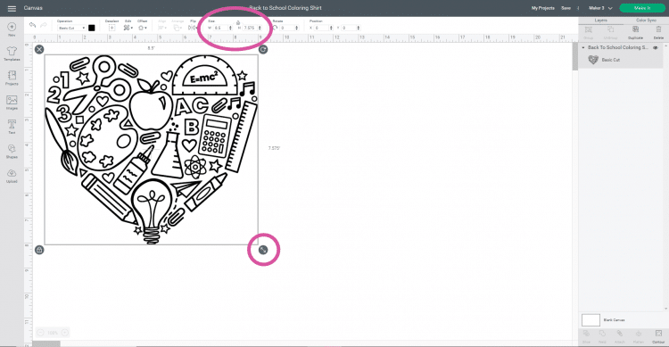 Software Screenshot - Resizing an Image in Cricut Design Space