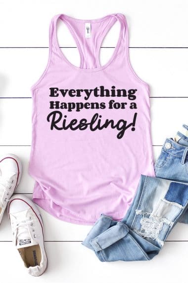 Lavender "Everything Happens for a Riesling" tank top with outfit and bottle of white wine