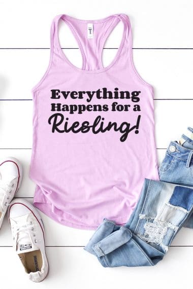 Lavender "Everything Happens for a Riesling" tank top with outfit and bottle of white wine