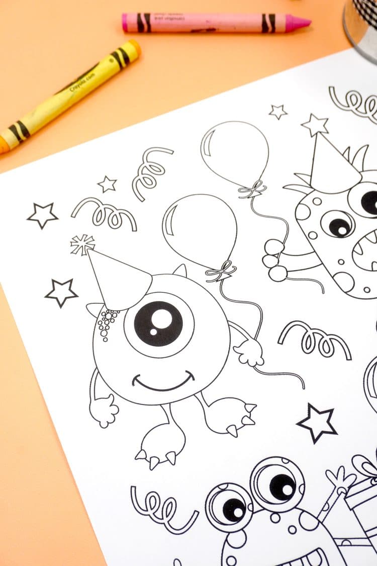 Close up detail of one-eyed monster with balloon on a monster coloring page