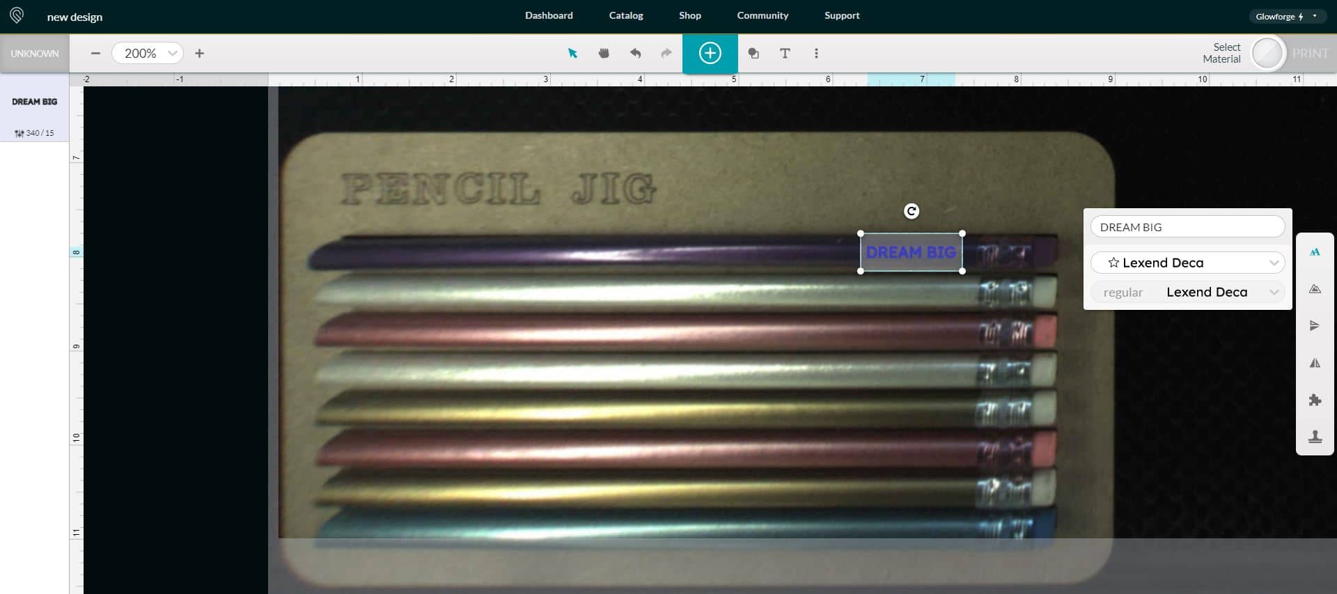Screenshot of Glowforge Print App software - adding a text box to a pencil design