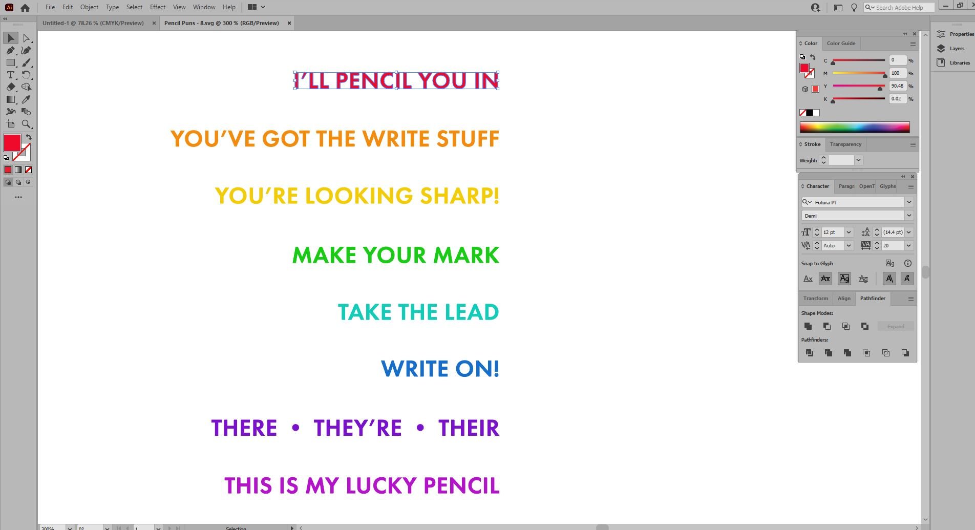 Screenshot of Adobe Illustrator software - adding multi colored text to a pencil jig