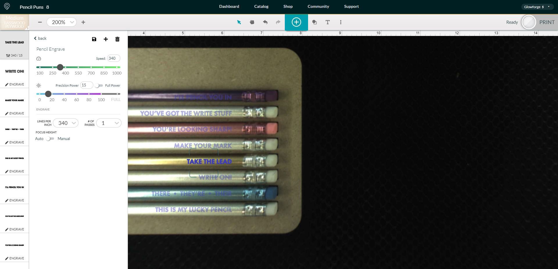 Glowforge Print App software screenshot - pencil engraving settings