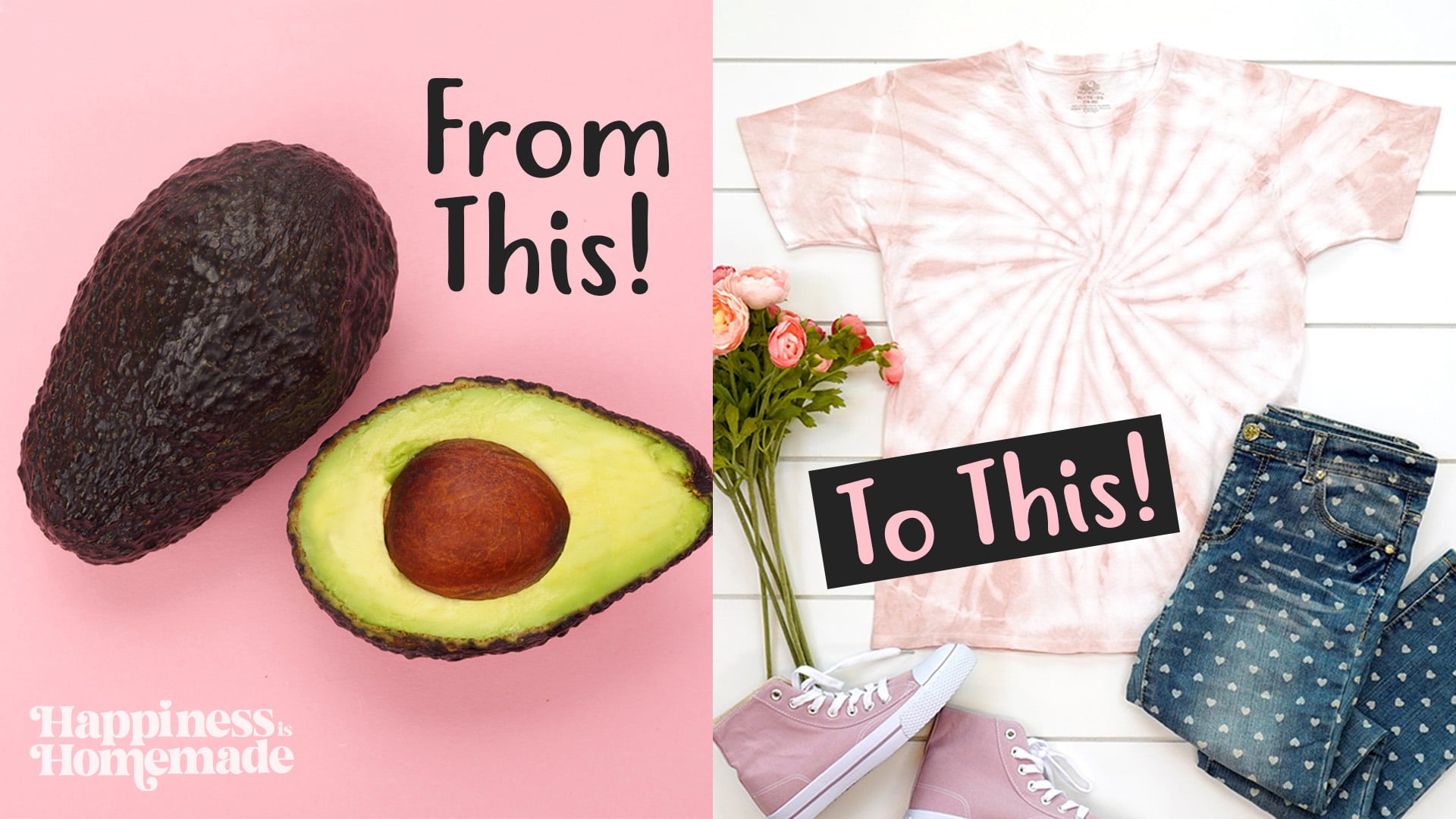 Graphic "from this" "to this" showing an avocado and a shirt that has been tie-dyed with avocado pit dye