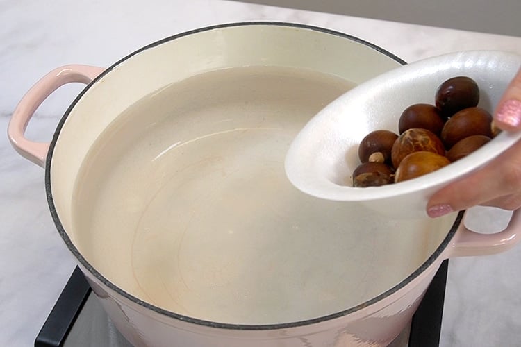 Close up of enameled cast iron pot filled with water and a hand adding avocado pits to the pot