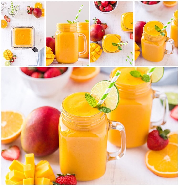 Collage of how to make a mango smoothie recipe images