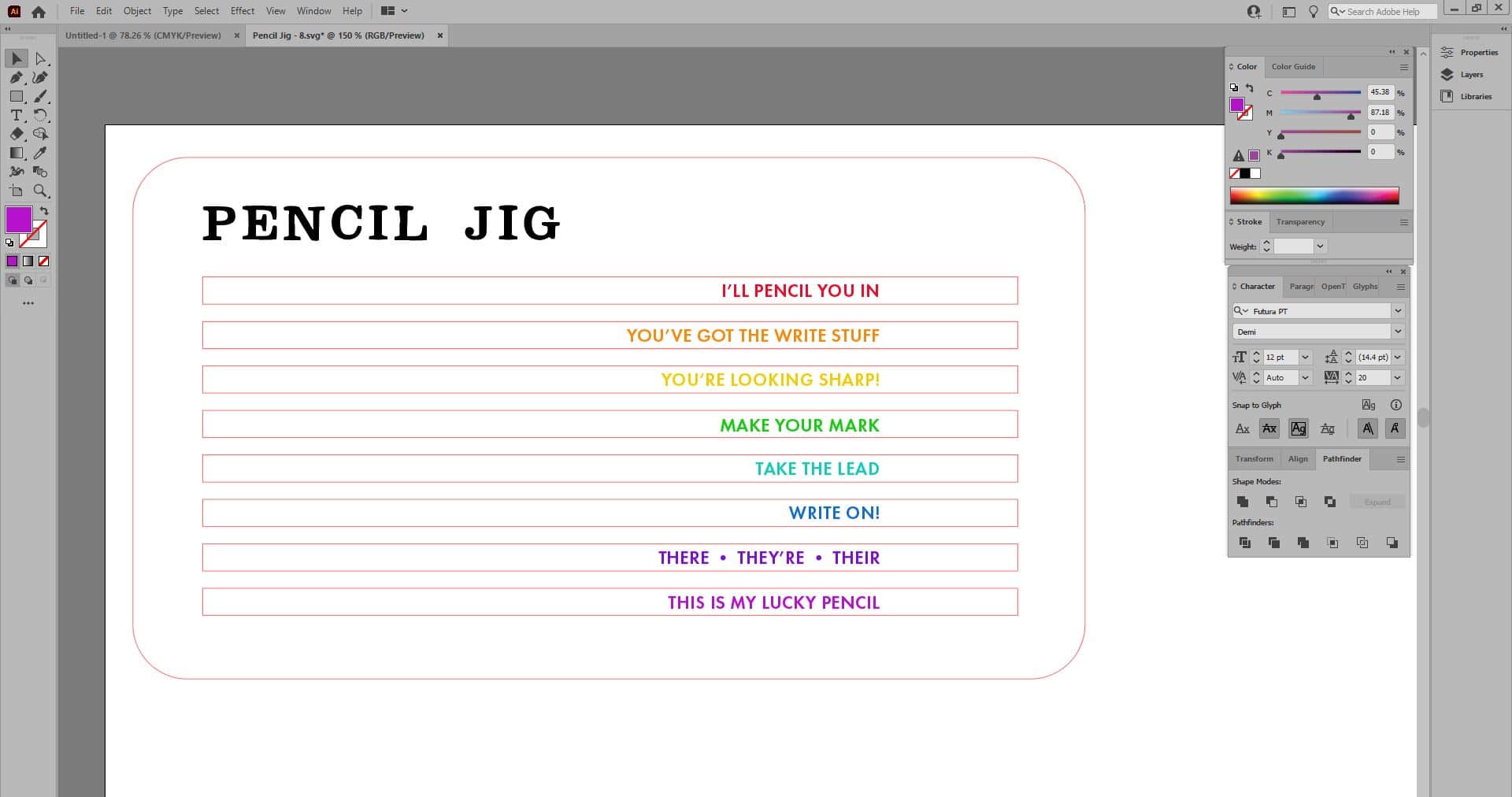 Screenshot of Adobe Illustrator software - adding multi colored text to a pencil jig