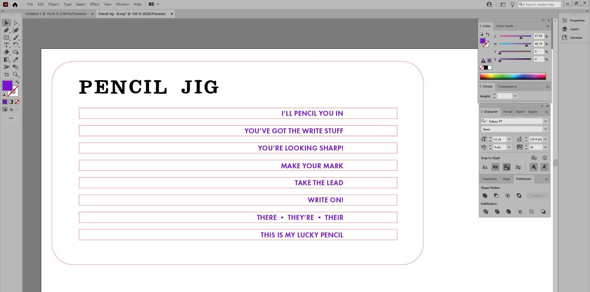 Screenshot of Adobe Illustrator software - adding text to a pencil jig