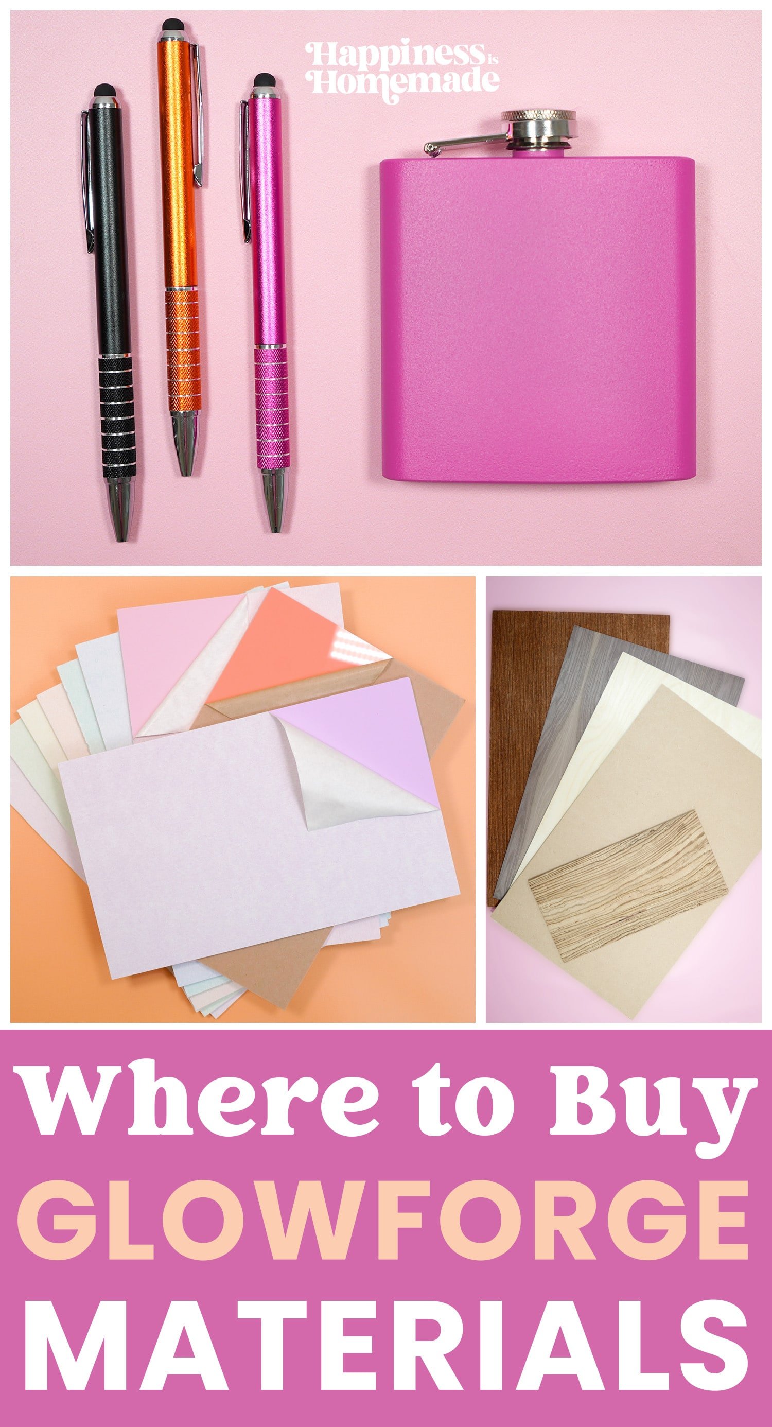 "Where to Buy Glowforge Materials" collage graphic