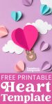 top view of colorful paper hearts and clouds around heart shaped paper air balloon on violet background