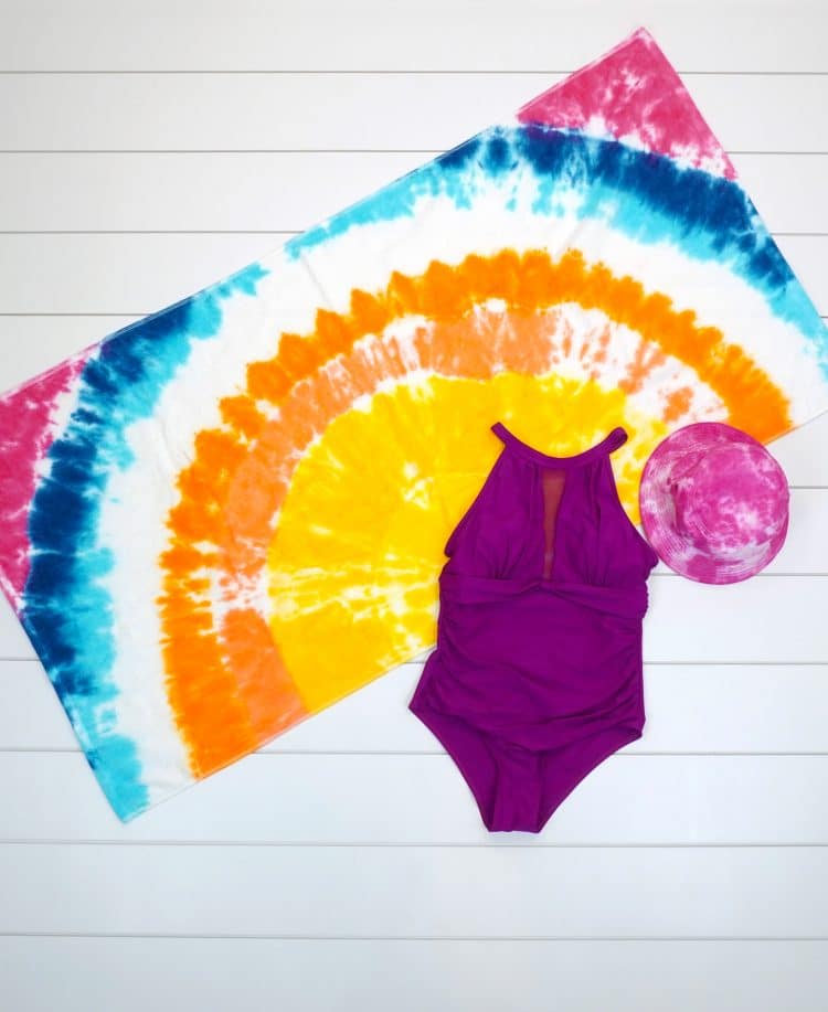 tie dyed beach towel with swimsuit 