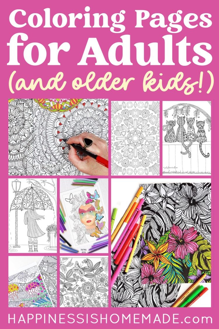 "Coloring Pages for Adults (and Older Kids!)" graphic with collage of example adult coloring pages