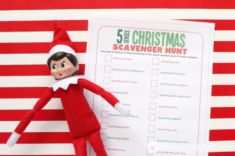 elf with 5 sense christmas scavenger hunt printable
