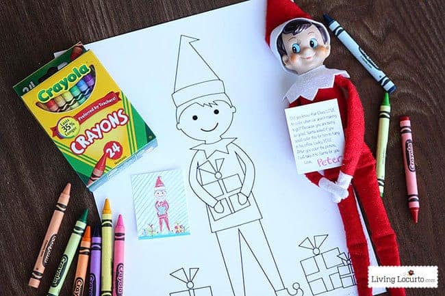Elf printable coloring sheet with crayons and elf on the shelf doll