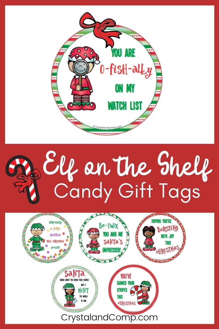 Set of round printable elf on the shelf candy gift tags