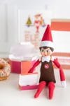 Elf on the Shelf with mini donuts, full sized sprinkle donuts, and donut shop apron prop