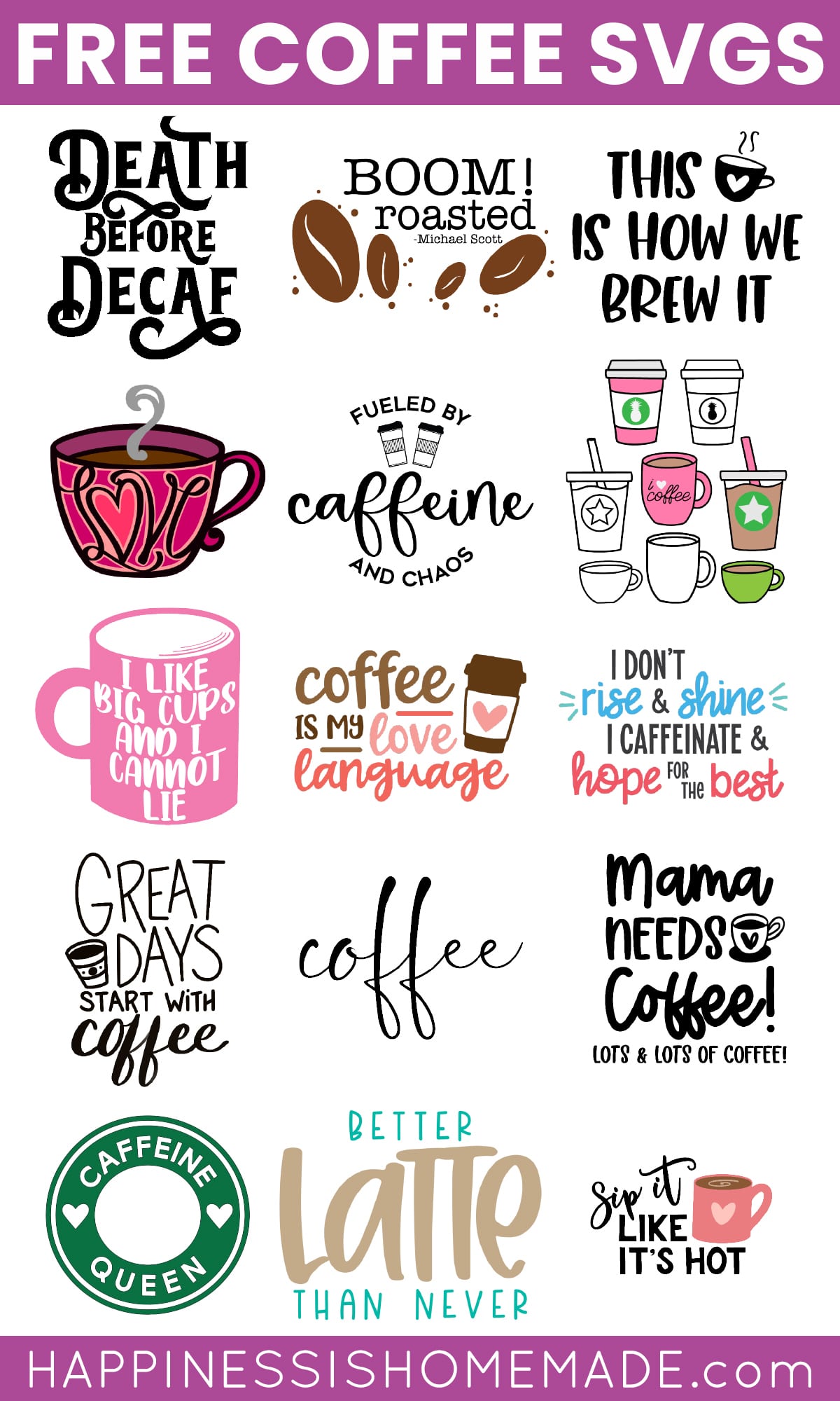 collage of free coffee svg files