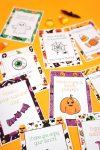 Collection of Halloween lunch box notes on an orange background