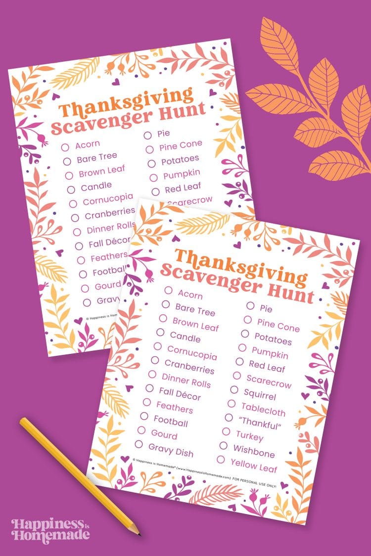 Two Thanksgiving Scavenger Hunt printable games on a purple colored background with a yellow pencil and orange leaves