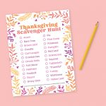 Thanksgiving Scavenger Hunt printable game on a light coral colored background with a yellow pencil