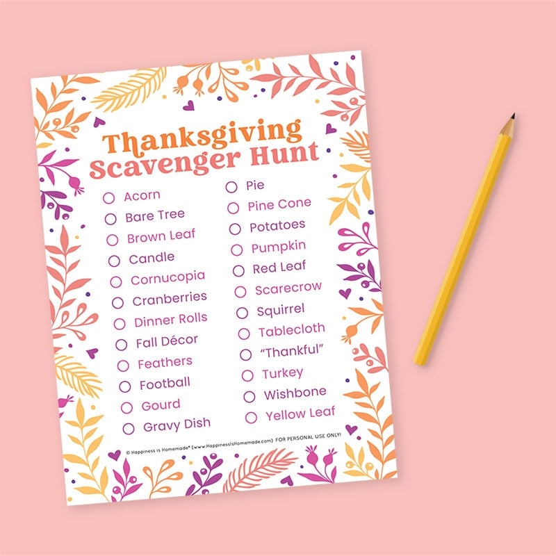 Thanksgiving Scavenger Hunt printable game on a light coral colored background with a yellow pencil