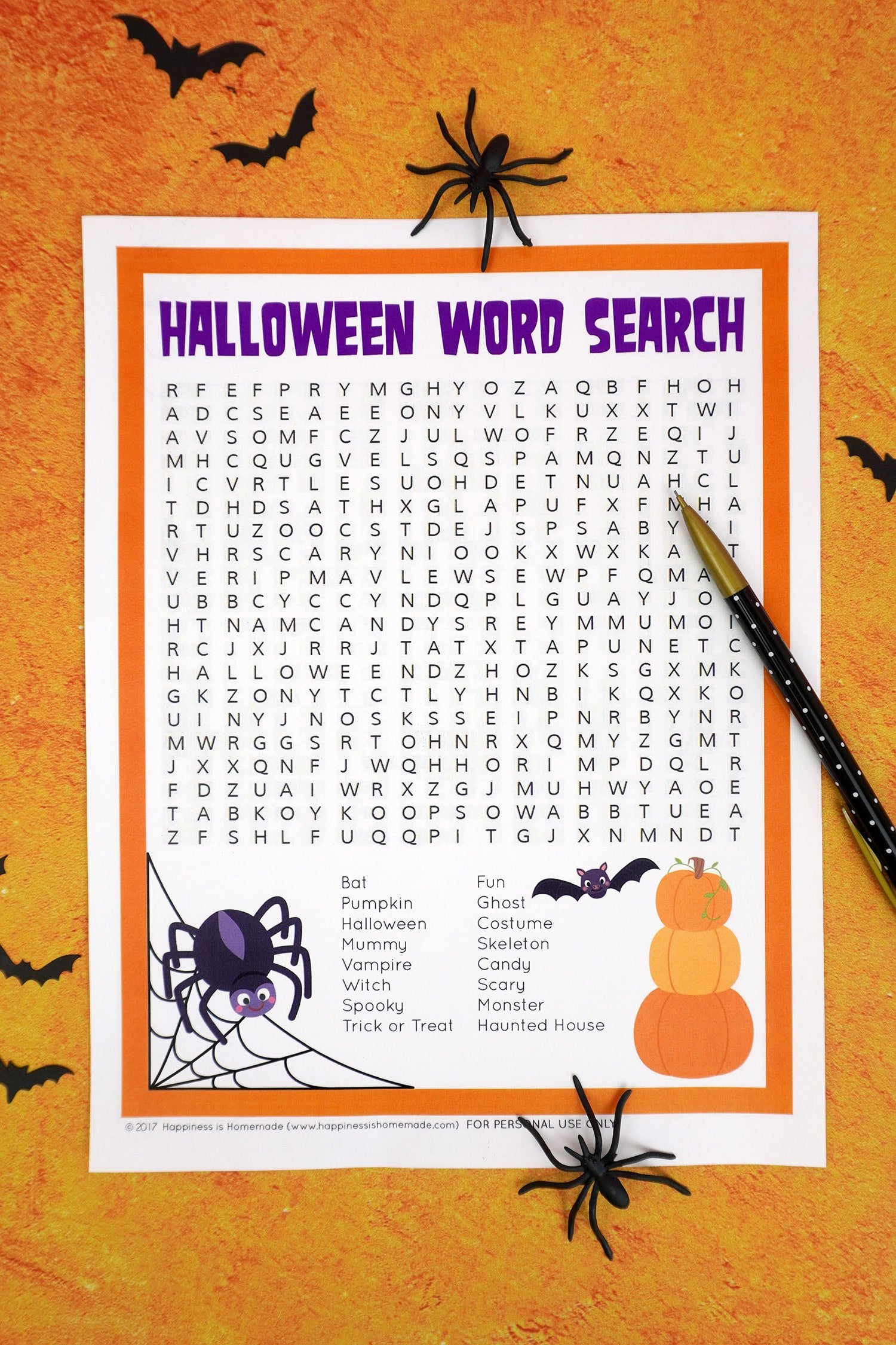 free printable halloween word search game with pen and bats