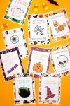 Halloween lunch notes scattered on an orange background with candy corn
