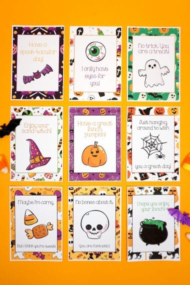 Halloween lunch notes arranged in a grid on an orange background with candy corn and batd