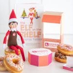 Dasher Donuts printable donut box with Elf on the Shelf and sprinkle donuts